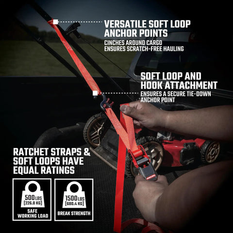 Straight Shooter 10 Piece Ratchet Strap Kit With Soft Loops And Stretchy Bungee Cords Heavy Duty Cargo Securing Set With Storage Bag showing soft loop anchor points and ratchet strap attachment.