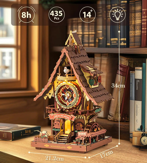 Front view of a Cuckoo Clock 3D Wooden Puzzle Kit For Adults Mechanical DIY Clock Model Building Set on a shelf with books.