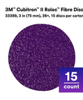 Cubitron II Roloc Fiber Disc 3 Inch 36 Plus Grit 15 Pack shown in purple with product details and 15 count label