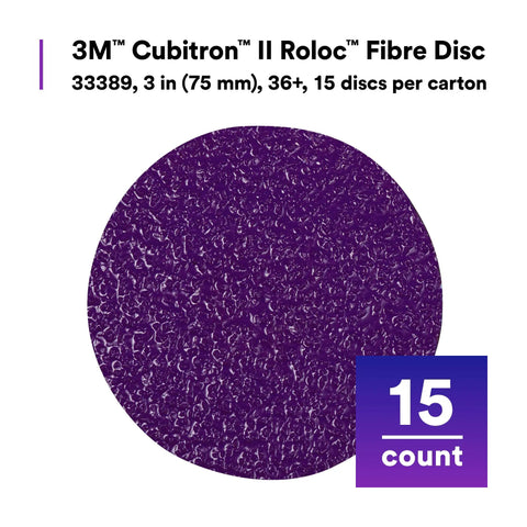 Cubitron II Roloc Fiber Disc 3 Inch 36 Plus Grit 15 Pack shown in purple with product details and 15 count label
