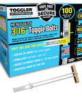 Image of Heavy Duty Drywall Toggle Bolt Kit With Snap Toggle Anchor For Hollow Walls Holds Up To 238 Lbs In Half Inch Drywall No Fuss Install 100 Pack With Roundhead Bolts For TVs Shelves Grab Bars And Other Heavy Fixtures packaging and components
