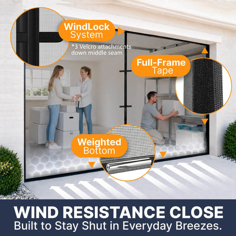 Two Car Garage Door Screen With Retractable Fiberglass Mesh Weatherproof Magnetic Closure Weighted Bottom Easy No Tools Install Tie Back Design 7 Ft High By 16 Ft Wide shown installed with wind resistance features highlighted.