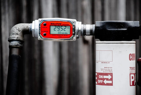 Industrial Digital Fuel Meter For Diesel Gasoline Kerosene And Lubricants With Three Quarter Inch NPT Connection displaying 2.95 GPM