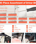Close-up of a 100-piece driver bits assortment from the 132 Piece Home And Auto Repair Tool Set With Sturdy Toolbox Case Driver Handle Socket Wrench Hex Keys And Screwdriver Bits Your Must Have Kit For Homeowners DIYers And Handymen.
