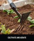 Extended Reach Hoe And Cultivator All In One Garden Tool For Weed Busting And Soil Loosening With Long Ergonomic Handle Durable Steel Tines And A Red And Gray Version Model GT 3244 in use on soil