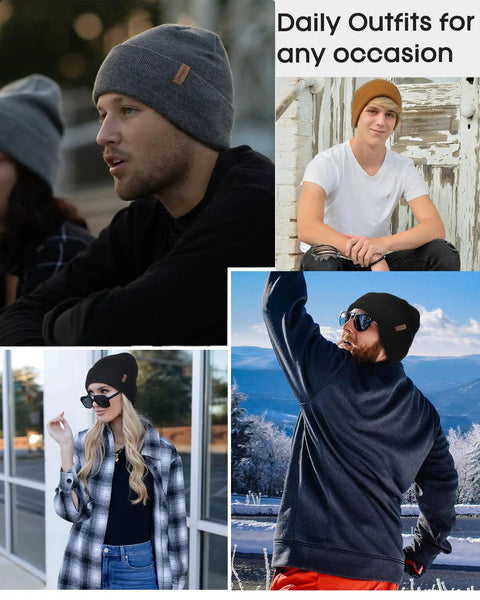 Collage of people wearing Unisex Cuffed Beanie Thick Double Knit Winter Skull Cap Black Cozy Warm For Skiing Running And Daily Cold Weather Protection Ultra Soft No Itch Comfort