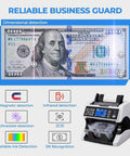Bank-Grade Money Counter With External Display And All-In-One Thermal Printer showing counterfeit detection features.