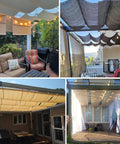 Various outdoor setups with 7 Ft W X 16 Ft L Retractable Pergola Shade Cover for Outdoor Patio Waterproof Canopy.