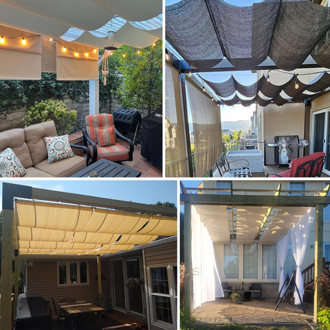 Various outdoor setups with 7 Ft W X 16 Ft L Retractable Pergola Shade Cover for Outdoor Patio Waterproof Canopy.