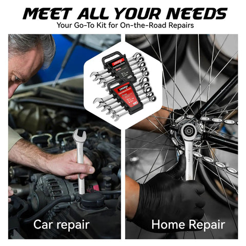 Man using 10-Piece Ratcheting Wrench Set With Rack Organizer, SAE And Metric, for car and bike repair, shown in two images
