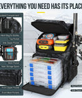 Fishing Backpack With Rod Holders And Cooler 45L Water Resistant Tackle Bag open with gear and compartments visible