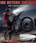 Badass Heavy Duty 5000 Watt Electric Dirt Bike For Adults And Teens riding in the dark with powerful headlight and mountains in background.