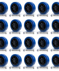 Rock Solid 6 By 2 Inch Polyurethane Caster Wheels Blue Polyolefin Core 900 Lbs Per Wheel Set Of 20 arranged in grid with mounting hardware