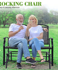 Cozy Two Person Outdoor Glider Bench For Patio Swing And Rocking Loveseat With Powder Coated Steel Frame Black Frame And Heathered Grey Sling Fabric For Backyard Porch Or Garden with couple relaxing