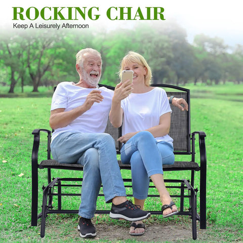 Cozy Two Person Outdoor Glider Bench For Patio Swing And Rocking Loveseat With Powder Coated Steel Frame Black Frame And Heathered Grey Sling Fabric For Backyard Porch Or Garden with couple relaxing