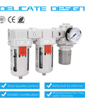 Beefy Half Inch NPT Air Drying System with Dual 5 Micron Brass Filters and Regulator Combo, front view, semi-auto drain poly bowl
