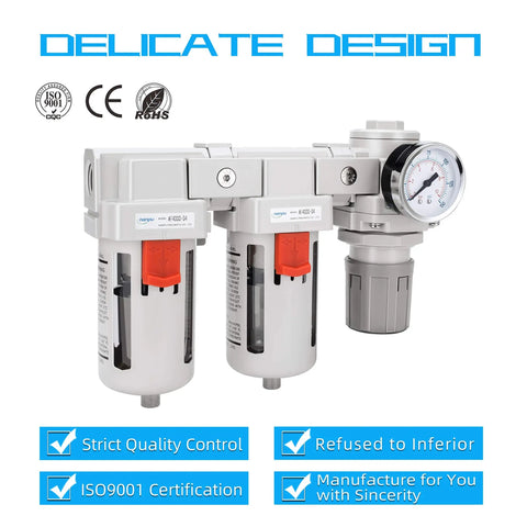 Beefy Half Inch NPT Air Drying System with Dual 5 Micron Brass Filters and Regulator Combo, front view, semi-auto drain poly bowl