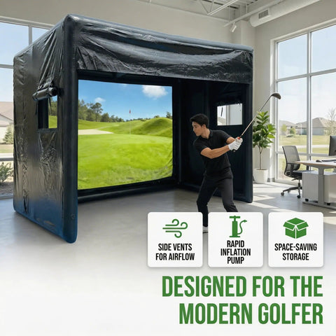 Inflatable Golf Simulator Tent 10x13x10 Ft For Indoor Outdoor Practice With Projection Screen set up in a modern room.