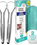 Two Pack Stainless Steel Tongue Scraper For Adults With Travel Case No Fuss 420 Medical Grade Tongue Cleaner For Fresh Breath And Total Oral Care Easy To Use Durable Bacteria Resistant Design, includes two scrapers, packaging, and travel case