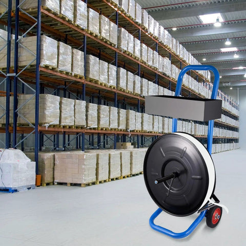 Heavy Duty Strapping Cart Rolling Dispenser Stand For 8 Inch Poly And Steel Coils Smart Mobile Workstation in warehouse setting.