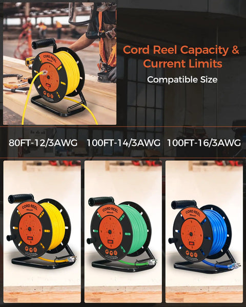 Heavy Duty Extension Cord Storage Reel With Four Grounded Outlets Built Tough Hand Wind Retractable Reel For 12/3 14/3 16/3 Gauge Cords
