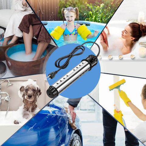 2000W Immersion Water Heater With Digital Thermometer showcased with various uses in pools, bathtubs, buckets, and cleaning tasks.