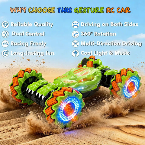 Gesture Sensing RC Stunt Car with Remote and Hand Control, 360 Degree Spin 4WD Off Road Toy, green car on sand with lights