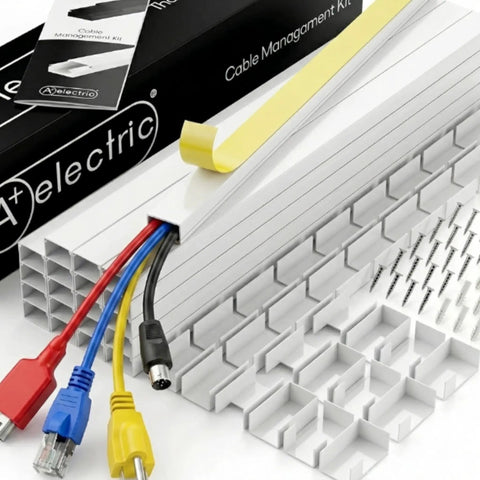 Paintable White Self Adhering Cord Cover Kit With 26 Ft Of Snap On Channels showing cables and connectors
