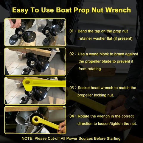Step-by-step guide using 27mm Prop Wrench For 1 1 Sixteenth Inch Nuts Long Handle Propeller Socket For Mercury Mercruiser Alpha Outboards Stern Drives Pontoon And Fishing Boats Built Tough Yellow Plastic on a propeller.