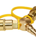 RV Propane Quick Connect Y Splitter Adapter One Quarter Inch Double Outlet for Two Appliances Connects Tabletop Grill and Propane Hose LP Gas Two Way Quick Connect Kit for Motorhome and Trailer, brass with yellow pull tabs