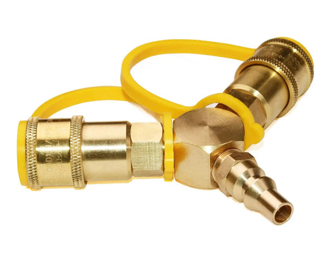 RV Propane Quick Connect Y Splitter Adapter One Quarter Inch Double Outlet for Two Appliances Connects Tabletop Grill and Propane Hose LP Gas Two Way Quick Connect Kit for Motorhome and Trailer, brass with yellow pull tabs