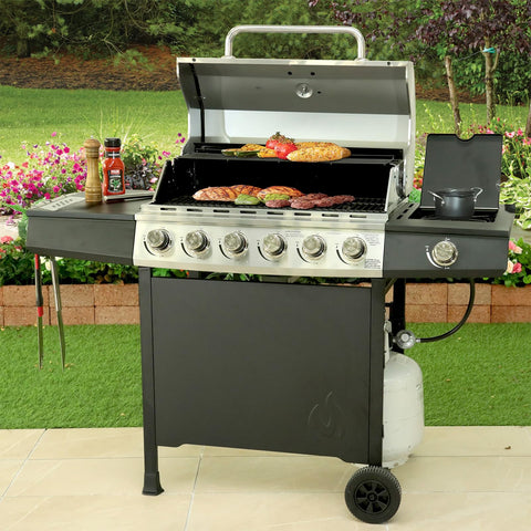 Outdoor grill with open lid, cooking food, connected to two foot propane gas grill regulator and hose for Weber Charbroil Nexgrill grills patio heaters and fire pits replacement low pressure LP regulator for grills heaters lanterns camp stoves.