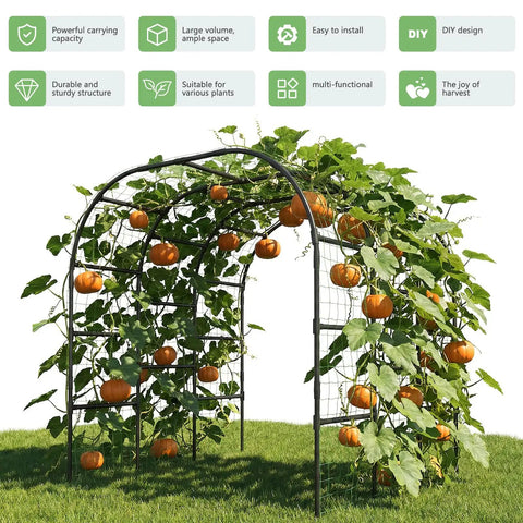 Tall 88 Inch Garden Arch Trellis For Climbing Plants Outdoor Metal Archway That Looks Boss, with pumpkins and green vines.