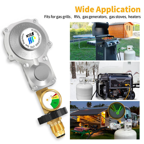 two-stage propane regulator for RVs with gauge and connectors for tanks and generators, compatible with outdoor gas grills and heaters