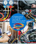 Collage of Three Piece 5 Foot AC Manifold Gauge Hose Kit For R404A R12 R502 Refrigerants in auto use.