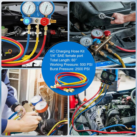 Collage of Three Piece 5 Foot AC Manifold Gauge Hose Kit For R404A R12 R502 Refrigerants in auto use.