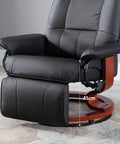 Swivel Recliner Chair With Retractable Footrest In PU Leather On Wood Base Lounge Chair Adjustable High Back Comfy And Space Saving For Small Rooms Ideal For Living Room RV Bedroom Black with footrest extended on carpeted floor.