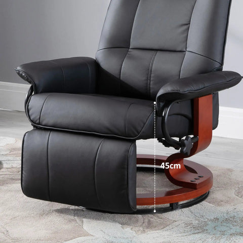 Swivel Recliner Chair With Retractable Footrest In PU Leather On Wood Base Lounge Chair Adjustable High Back Comfy And Space Saving For Small Rooms Ideal For Living Room RV Bedroom Black with footrest extended on carpeted floor.