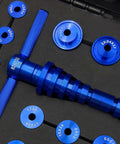 Pro Grade Bike Bearing Press Kit With 35 Adapters, Headset Press Tool, Carry Case, showing blue aluminum alloy press and adapters