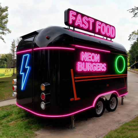 Commercial Grade Coffee Trailer And Mobile Hot Dog Cart Featuring Chef Ready Full Kitchen Setup With Plug And Play Wiring To Help You Crush Sales At Street Events, black exterior with neon signage.