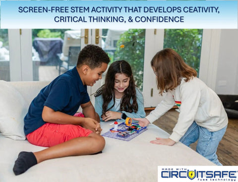 Children playing with Arcade Electronics Exploration Kit For Kids Ages 8 And Up Dozens Of Hands On Projects Full Color Project Manual Safe STEM Toys For Learning Electronics Beginner Friendly And Fun on a table.