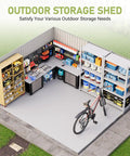10x12 Ft Outdoor Storage Shed With Lockable Hinged Door And Two Windows Nordic Cottage Metal Shed, interior view with tools and bike