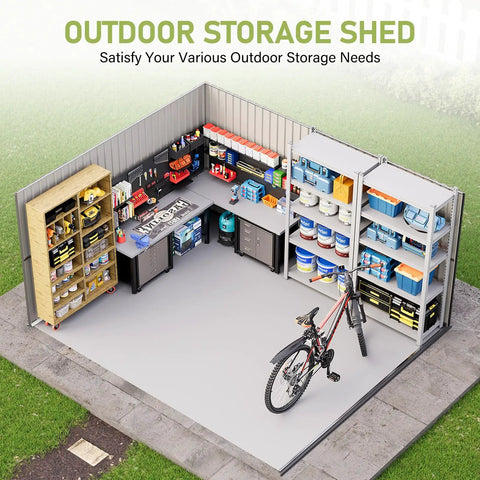 10x12 Ft Outdoor Storage Shed With Lockable Hinged Door And Two Windows Nordic Cottage Metal Shed, interior view with tools and bike