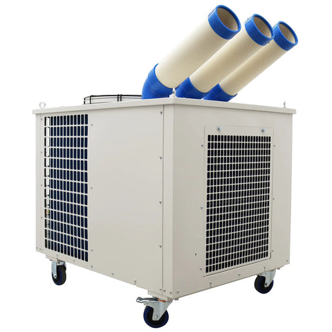 28900 Btu Industrial Spot Cooler And Portable Air Conditioner Slams Through Shop Heat With Massive Airflow visible with three vent hoses.