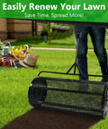Easy Push And Tow Compost And Peat Moss Spreader 36 Inch for Lawn Care with powder-coated metal mesh on green lawn