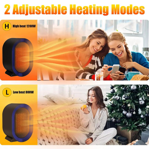 Matte Purple PTC Ceramic Space Heater With Thermostat For Quick Heating shown with two heating modes, high and low, in living spaces.
