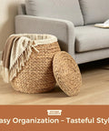 Wicker Storage Basket With Lid For Living Room Large Blanket Organizer Handwoven Water Hyacinth With Removable Cotton Liner Tall Round Design