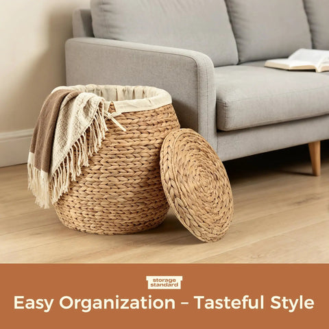 Wicker Storage Basket With Lid For Living Room Large Blanket Organizer Handwoven Water Hyacinth With Removable Cotton Liner Tall Round Design