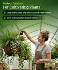 Gardener tending hanging plants with Coco Loco Potting Mix With Bat Guano And Earthworm Castings For Great Drainage And Water Retention