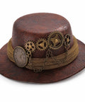 Cool Steampunk Mini Top Hat Fascinator With Antique Gold Clock Gears And Roman Numeral Dial, brown hat with mesh band and embellishments.